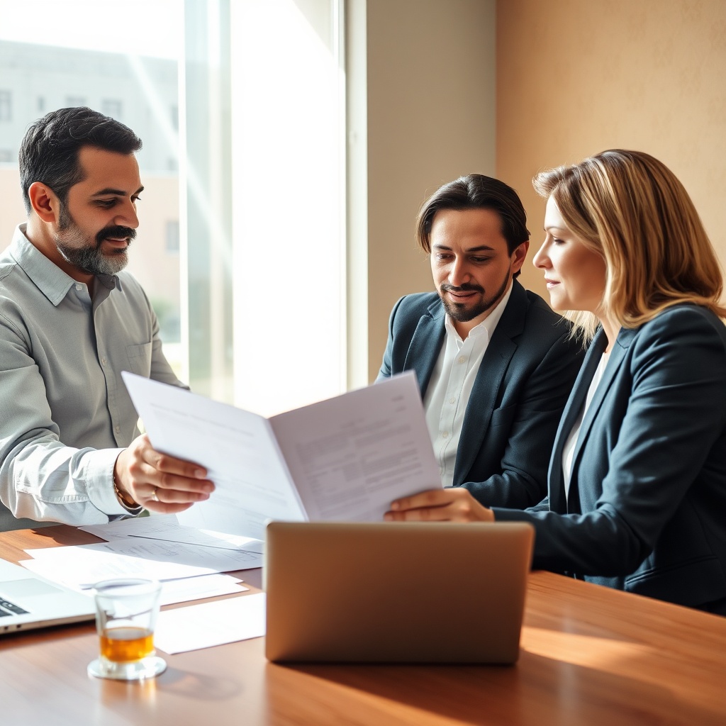 Assurance entreprise TPE Maroc : un dirigeant de petite entreprise examine les clauses de son contrat avec un conseiller en assurance dans un bureau à Casablanca.