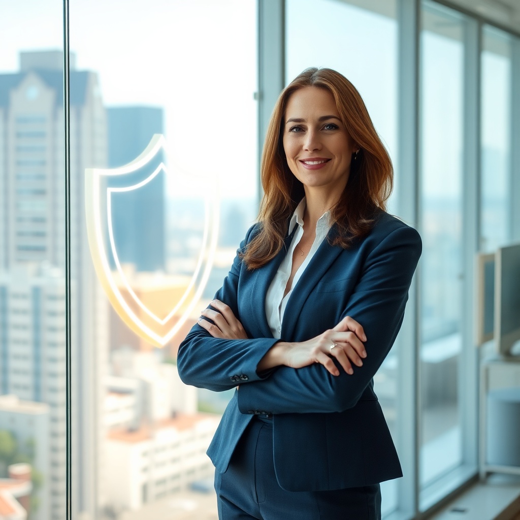 Confident independent consultant in a bright office with a glowing shield symbol, representing the security provided by assurance responsabilité civile professionnelle for professionals and businesses.