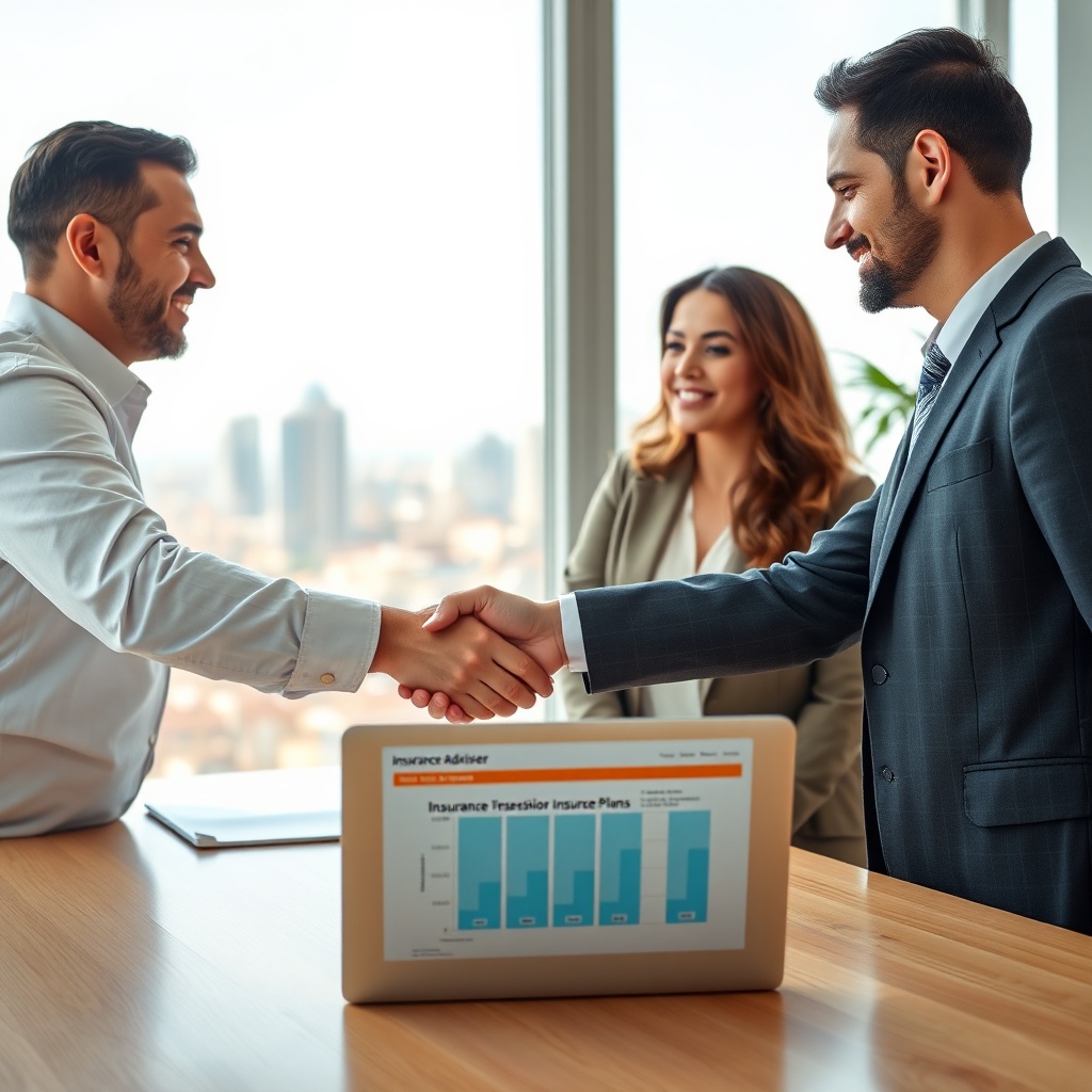 Conseiller en assurance présentant les offres d'assurance tous risques Casablanca à un client, poignée de main dans un bureau moderne.