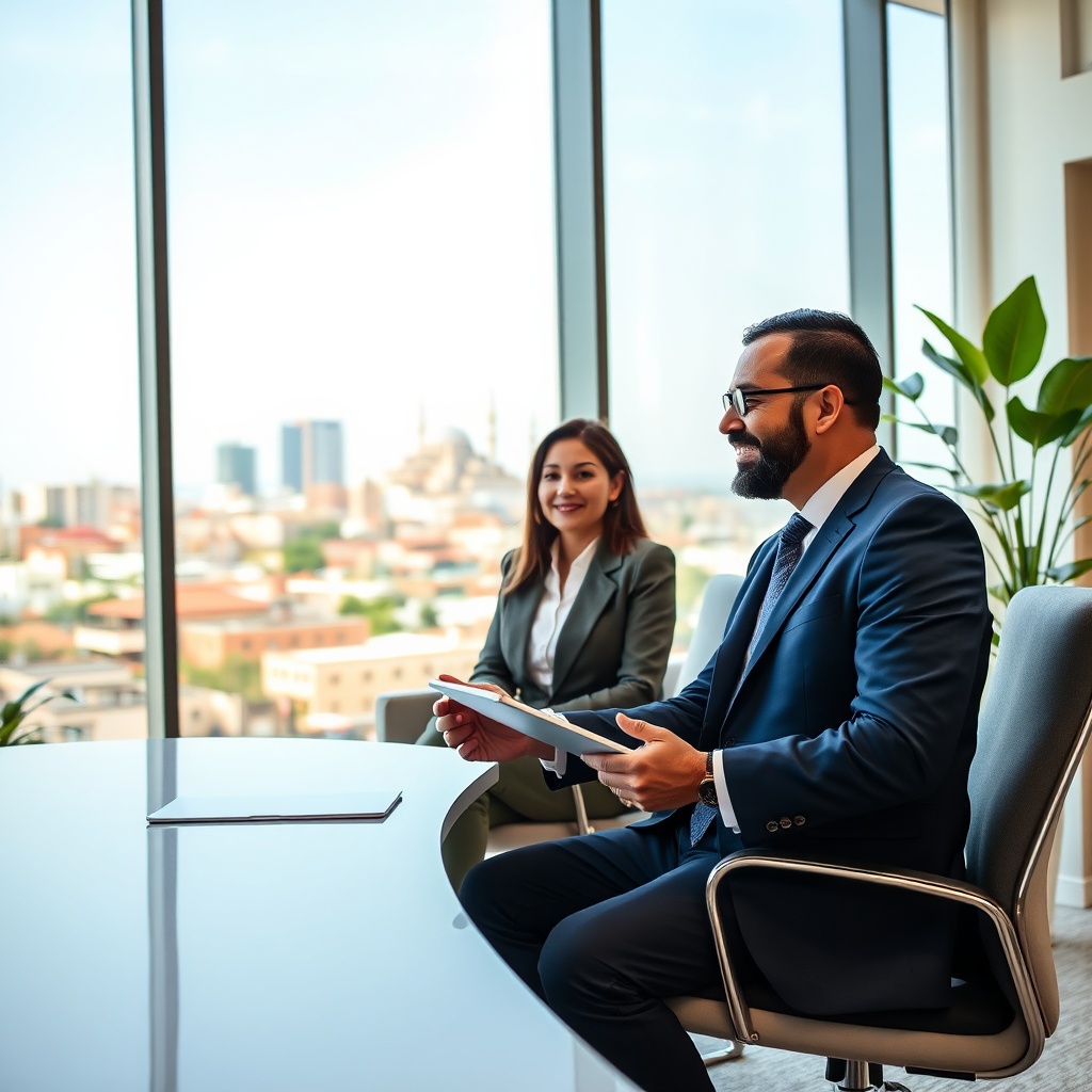 Courtier assurance Casablanca en consultation avec une cliente dans un bureau moderne avec vue sur la ville, comparant les offres d'assurance.