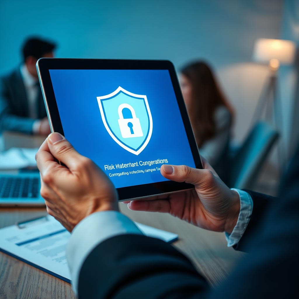Business owner reviewing a digital shield with a lock on a tablet, highlighting the need for assurance responsabilité civile professionnelle to cover cyber-risks and legal liabilities in professional activities.