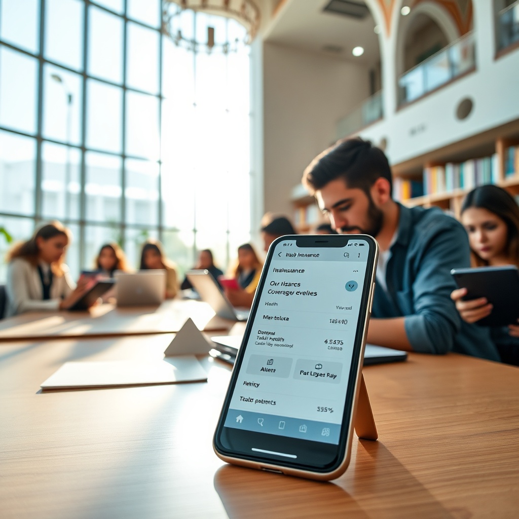 Étudiants utilisant une application mobile pour gérer leur assurance étudiante Maroc et leur couverture santé dans une bibliothèque moderne