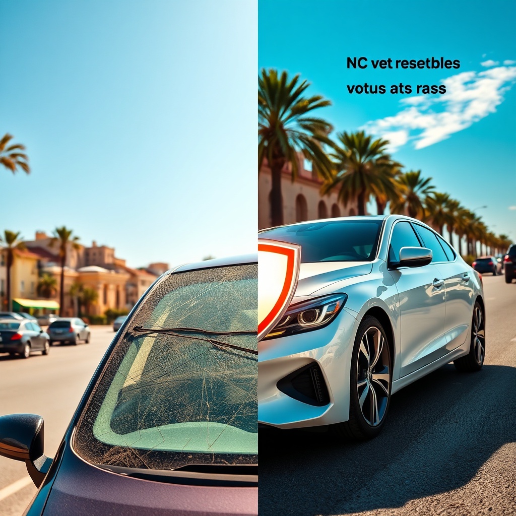 Comparaison assurance RC auto vs tous risques Maroc : une voiture endommagée à gauche avec une protection minimale, et la même voiture intacte à droite avec une couverture tous risques complète.