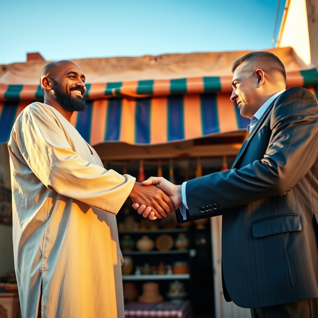 Assurance entreprise TPE Maroc : poignée de main entre un dirigeant de TPE et son assureur devant sa boutique, symbole de protection et de confiance.