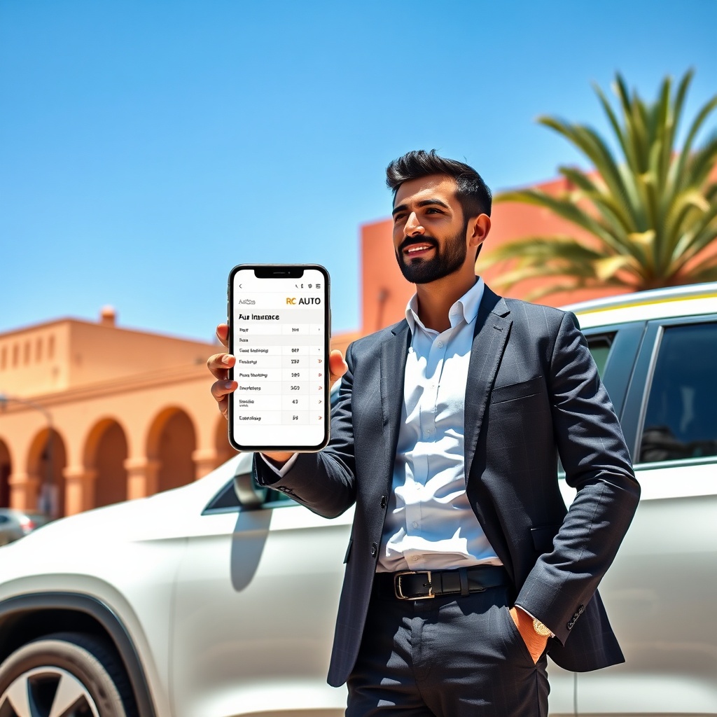 Assurance auto Maroc : un conducteur compare les formules RC auto et tous risques sur son smartphone, avec sa voiture en arrière-plan.
