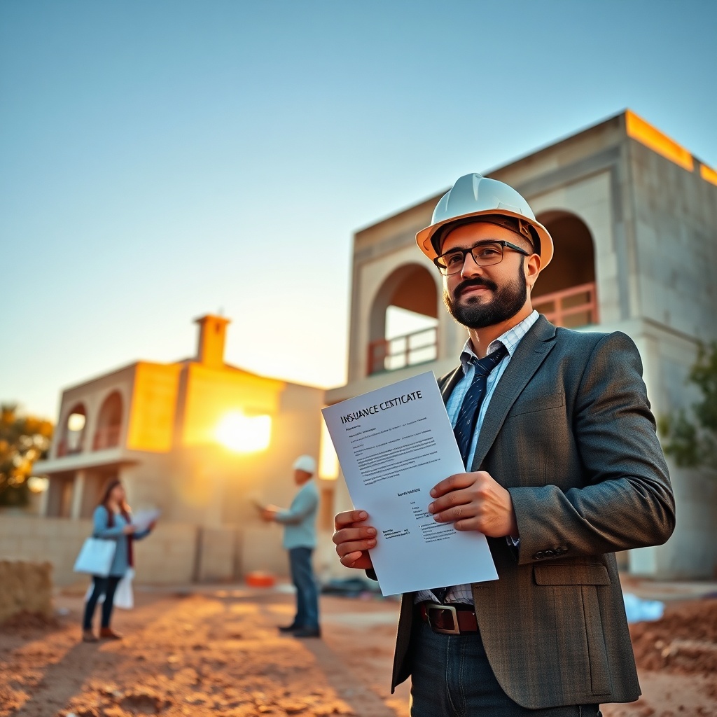Contractor holding an assurance décennale Maroc certificate on a residential construction site, symbolizing legal protection and building safety in Morocco.