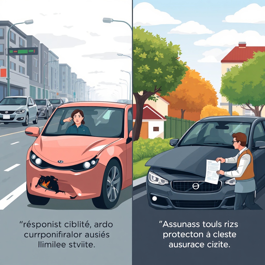 Comparison of assurance tous risques and responsabilité civile auto coverage in a split-screen illustration showing accident scenarios